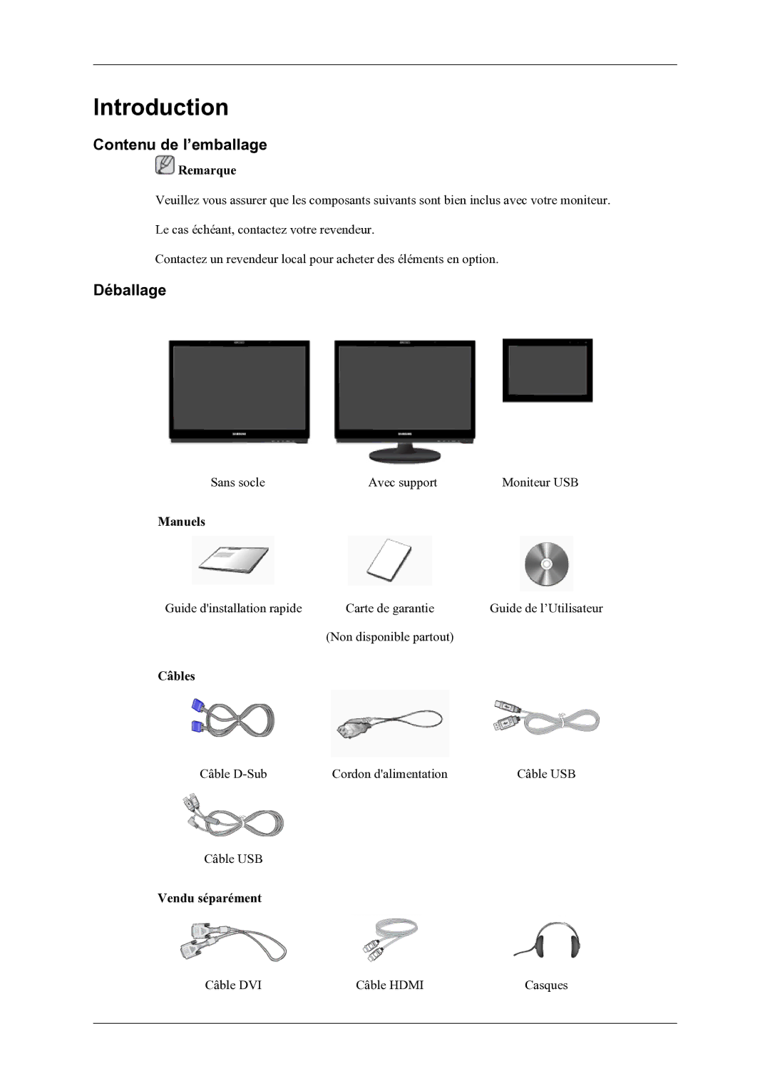 Samsung LS22LDPJFV/EN manual Contenu de l’emballage, Déballage 