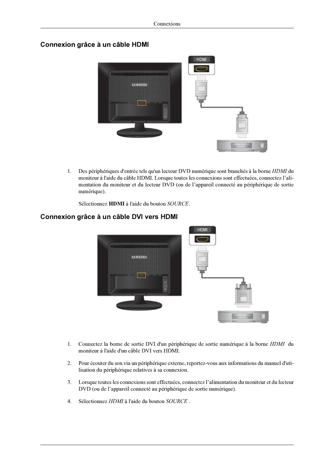 Samsung LS22LDPJFV/EN manual Connexion grâce à un câble Hdmi, Connexion grâce à un câble DVI vers Hdmi 