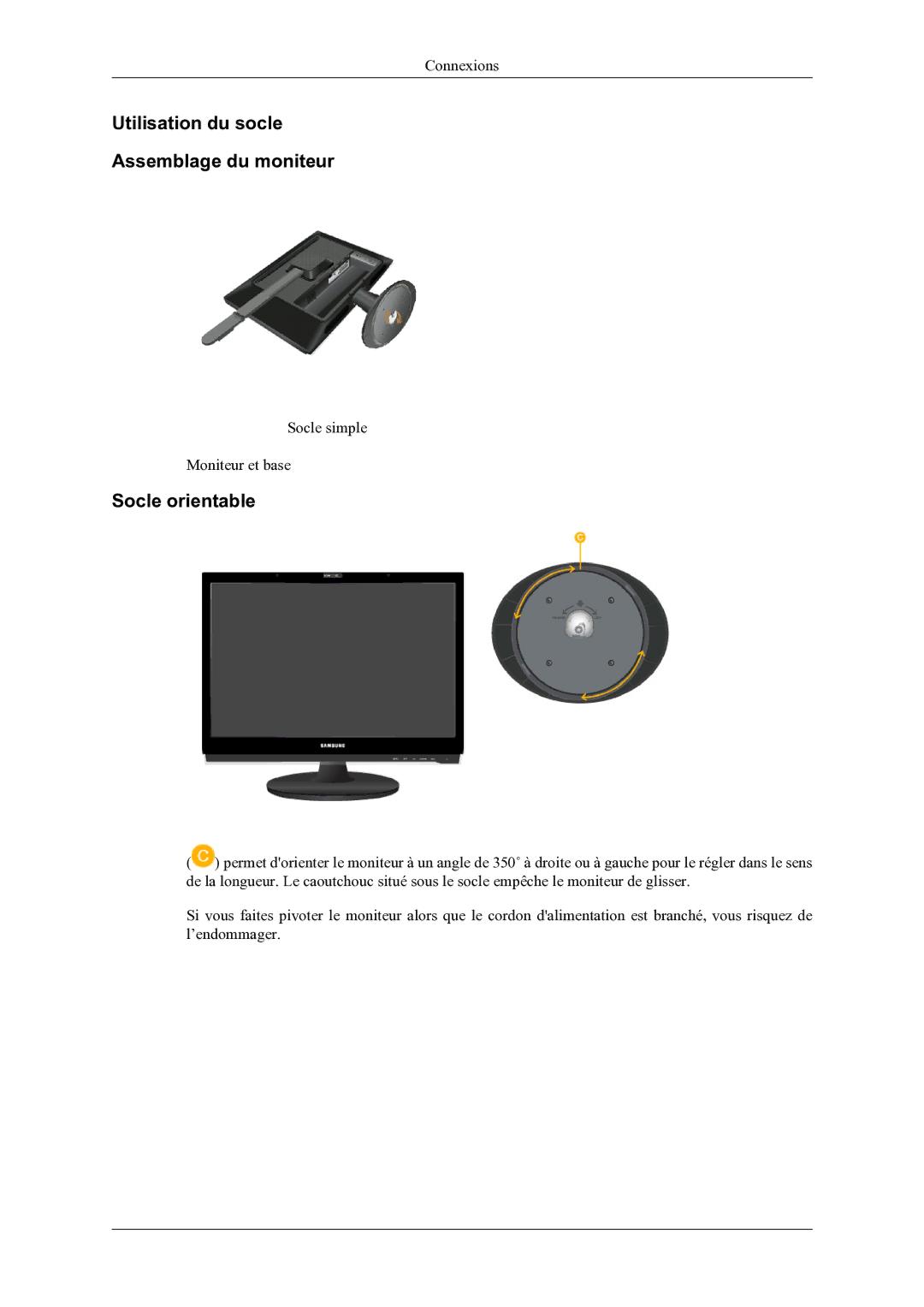 Samsung LS22LDPJFV/EN manual Utilisation du socle Assemblage du moniteur, Socle orientable 