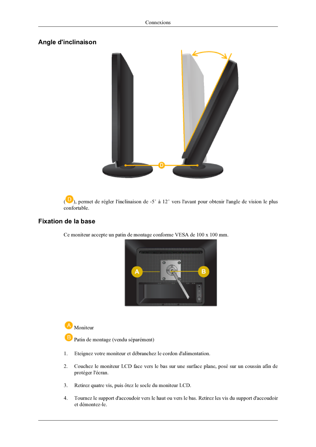 Samsung LS22LDPJFV/EN manual Angle dinclinaison, Fixation de la base 