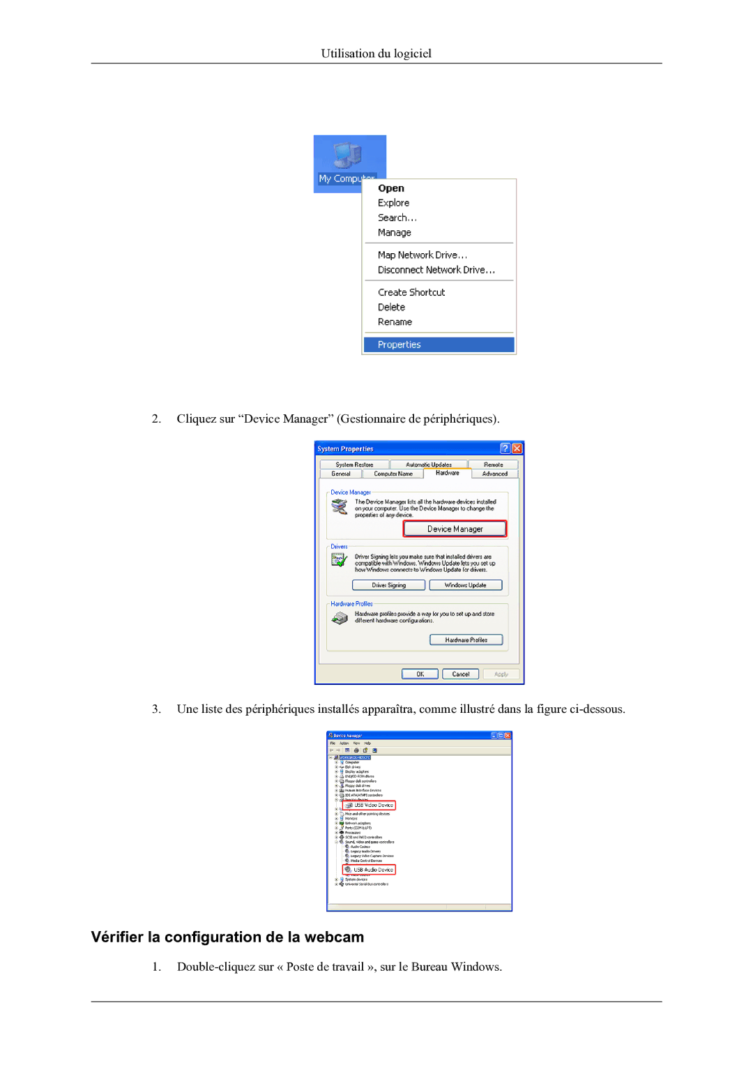 Samsung LS22LDPJFV/EN manual Vérifier la configuration de la webcam 