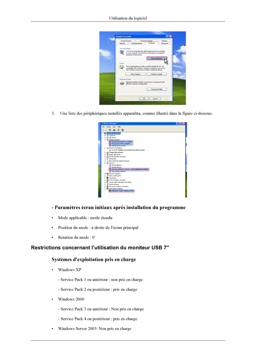 Samsung LS22LDPJFV/EN manual Paramètres écran initiaux après installation du programme 