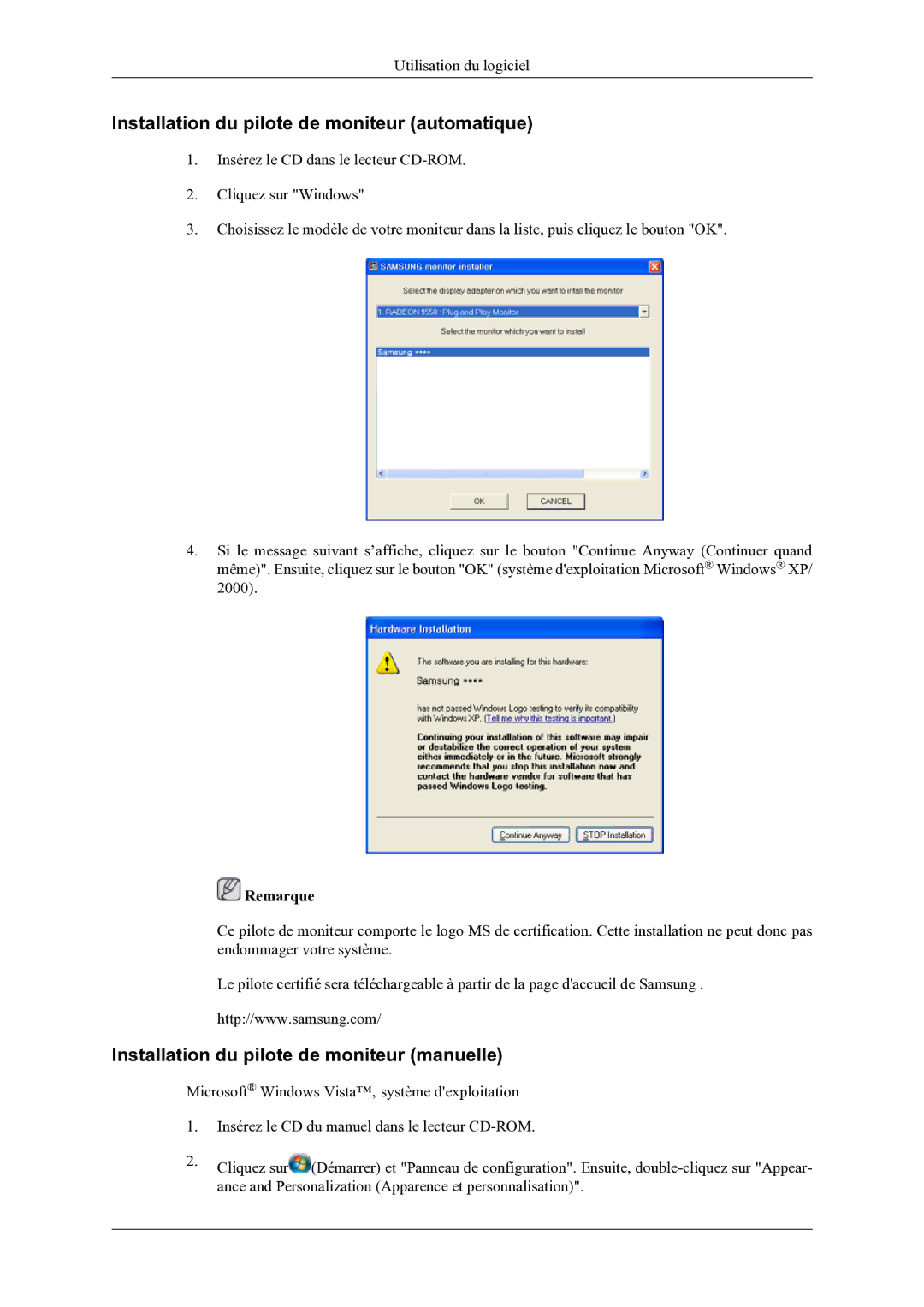 Samsung LS22LDPJFV/EN manual Installation du pilote de moniteur automatique, Installation du pilote de moniteur manuelle 