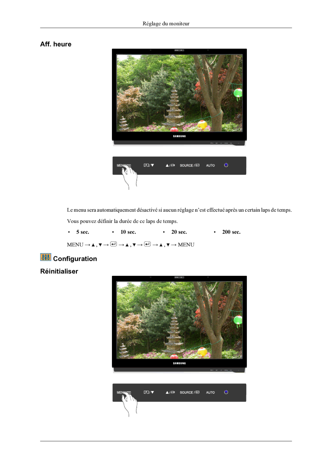 Samsung LS22LDPJFV/EN manual Aff. heure, Configuration Réinitialiser 