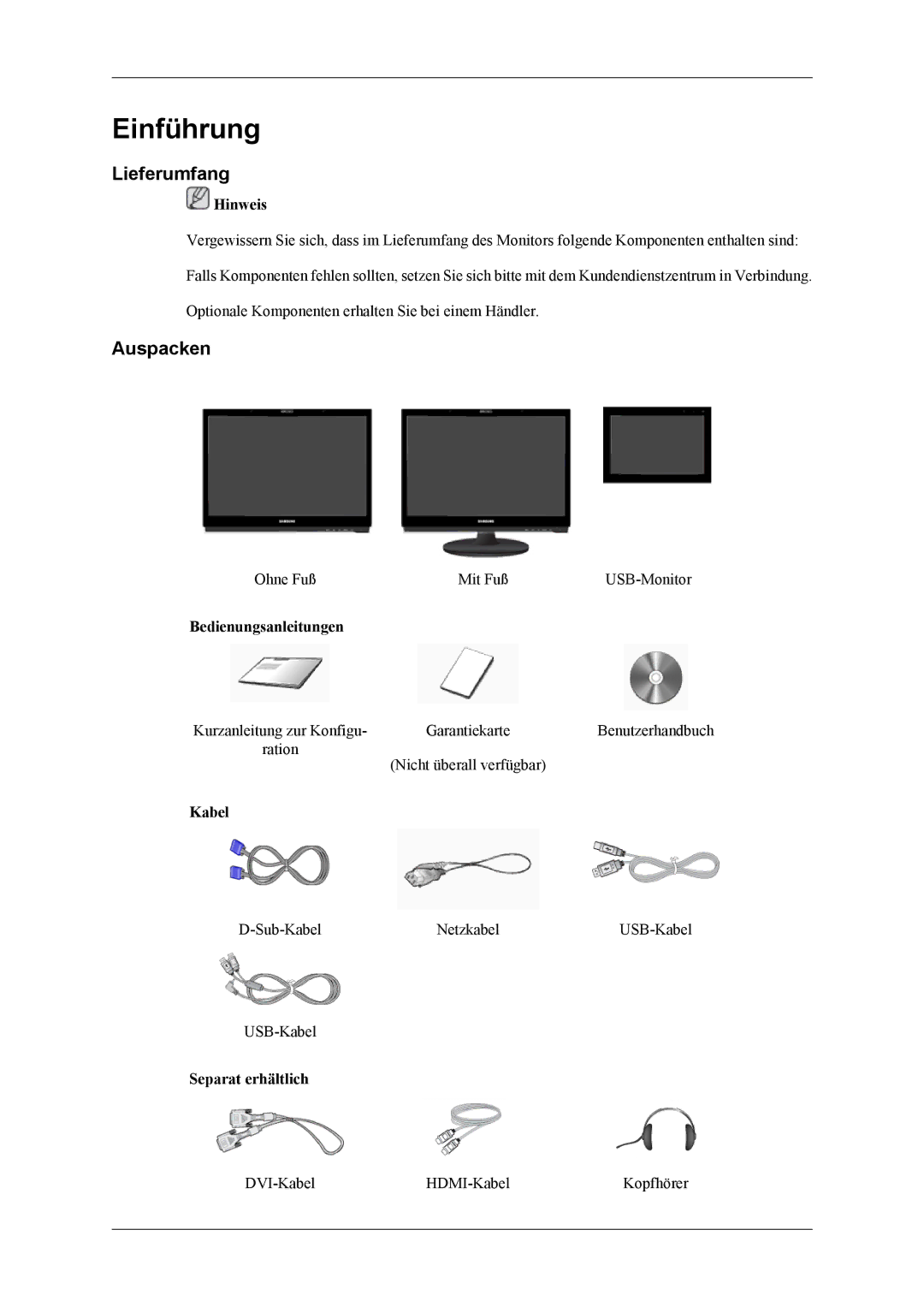 Samsung LS22LDPJFV/EN manual Lieferumfang, Auspacken 