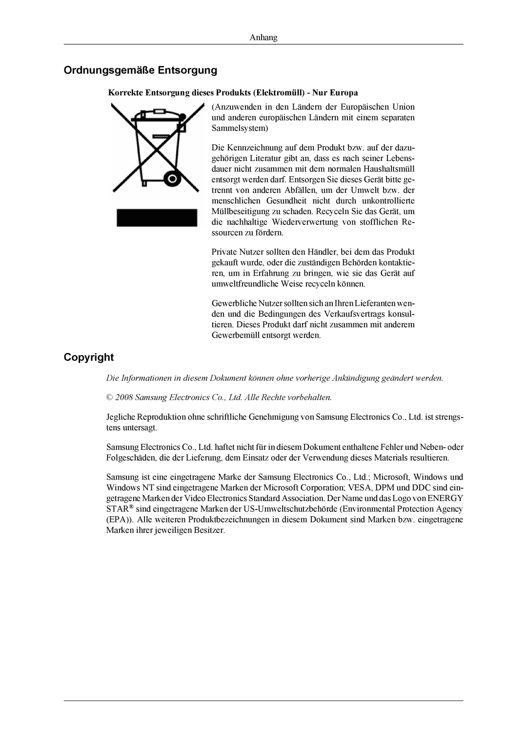 Samsung LS22LDPJFV/EN manual Ordnungsgemäße Entsorgung, Copyright 