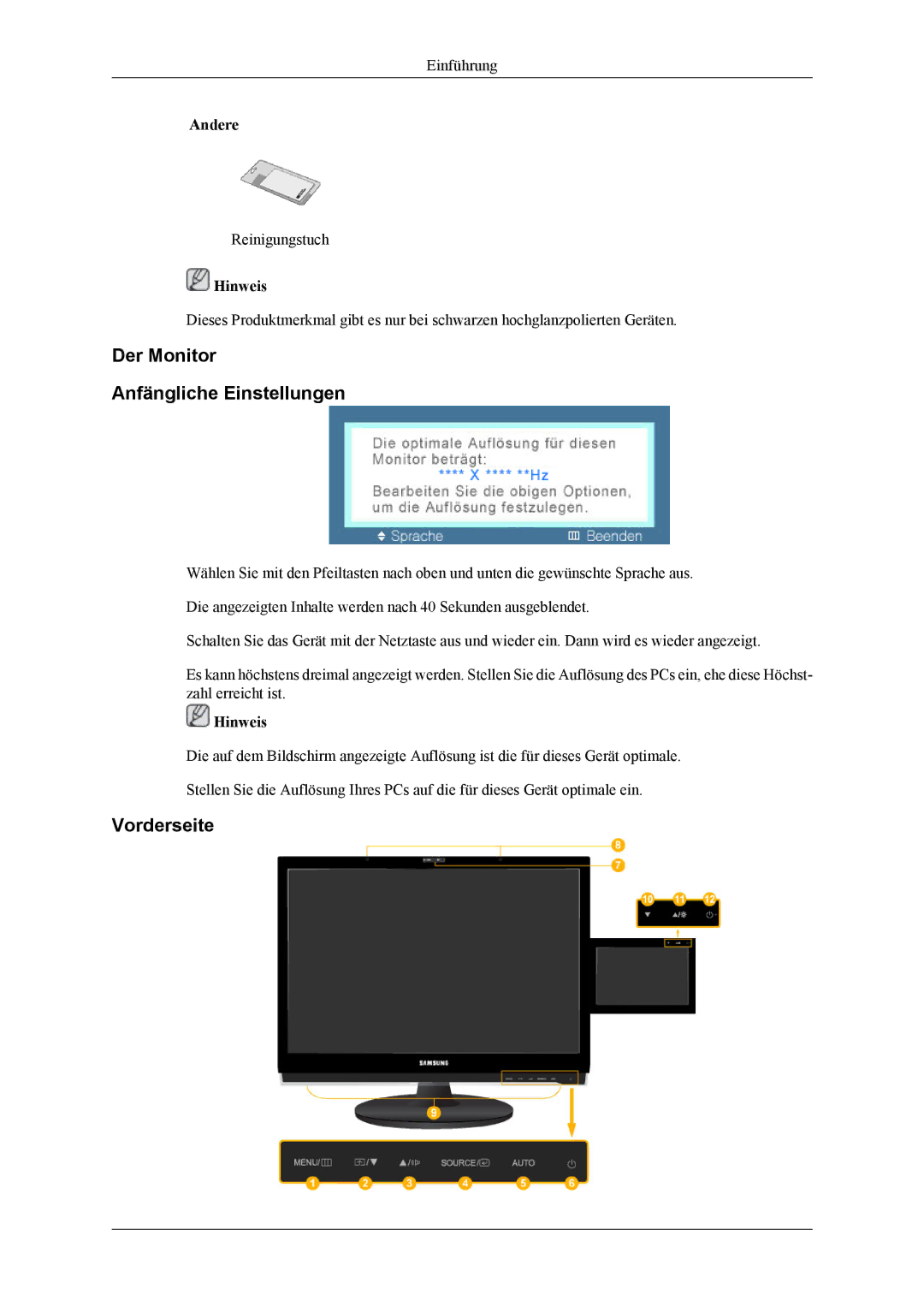 Samsung LS22LDPJFV/EN manual Der Monitor Anfängliche Einstellungen, Vorderseite 