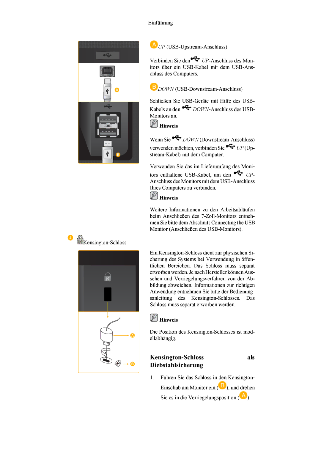 Samsung LS22LDPJFV/EN manual Kensington-Schlossals Diebstahlsicherung 