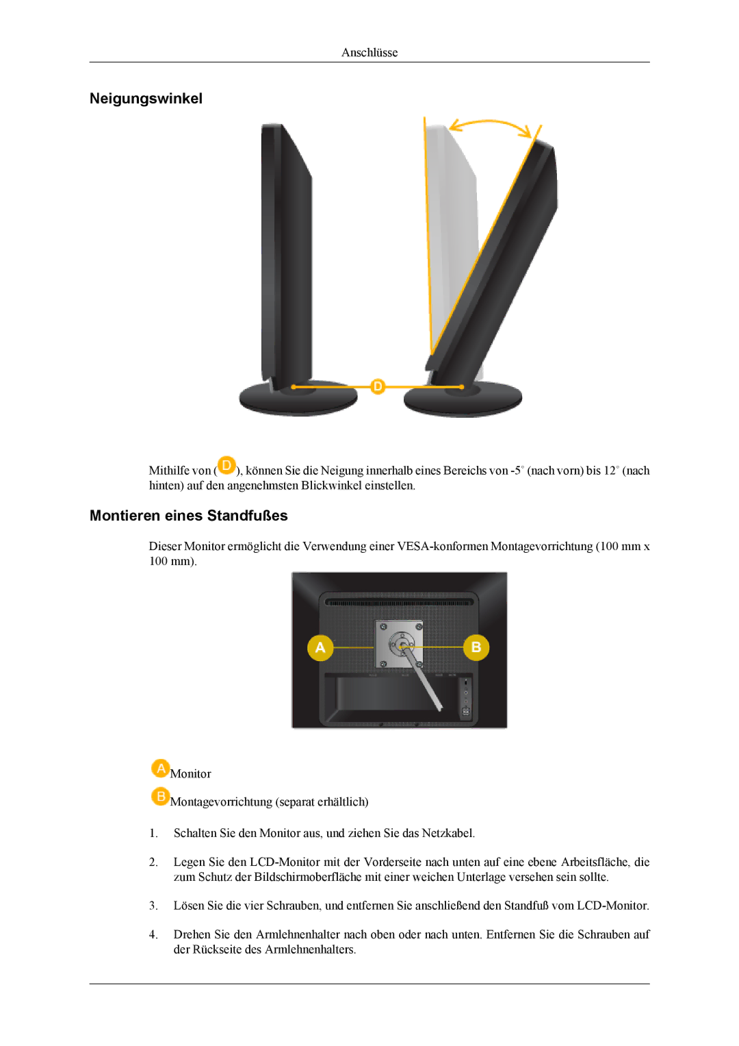 Samsung LS22LDPJFV/EN manual Neigungswinkel, Montieren eines Standfußes 