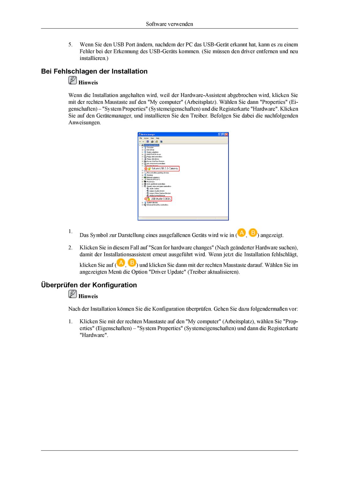 Samsung LS22LDPJFV/EN manual Bei Fehlschlagen der Installation, Überprüfen der Konfiguration 