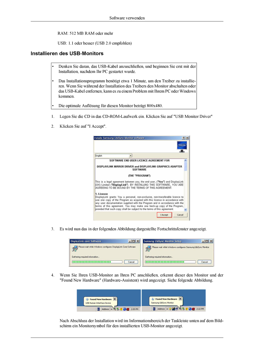 Samsung LS22LDPJFV/EN manual Installieren des USB-Monitors 