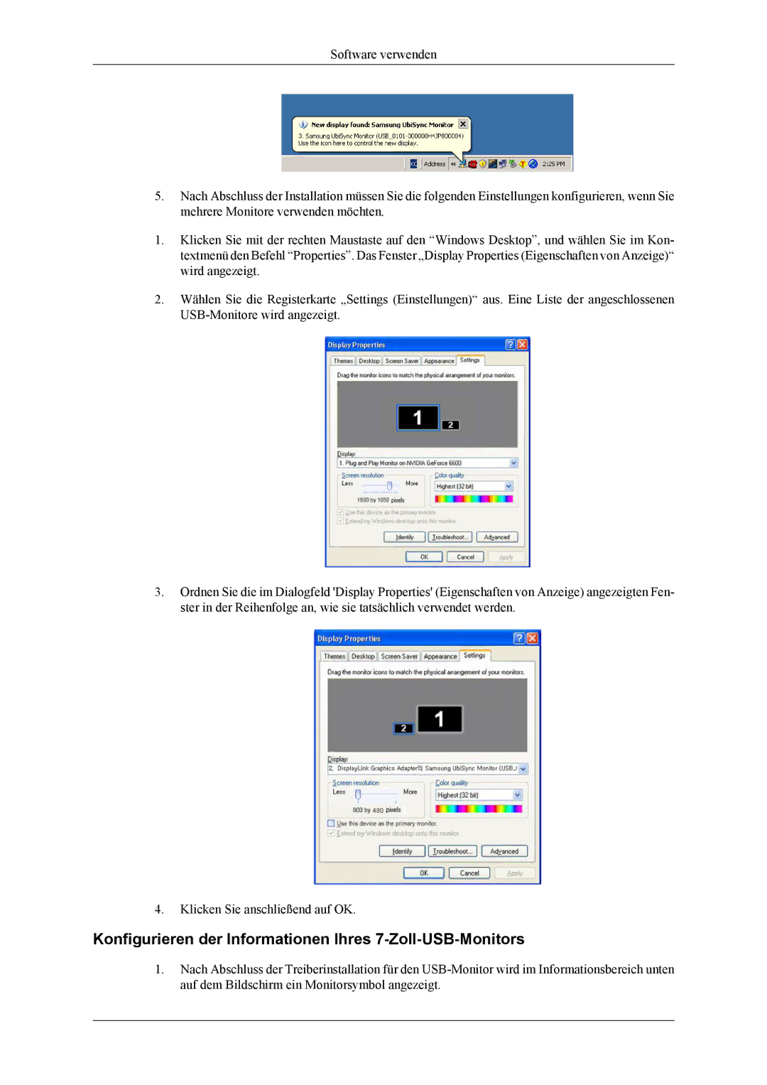 Samsung LS22LDPJFV/EN manual Konfigurieren der Informationen Ihres 7-Zoll-USB-Monitors 