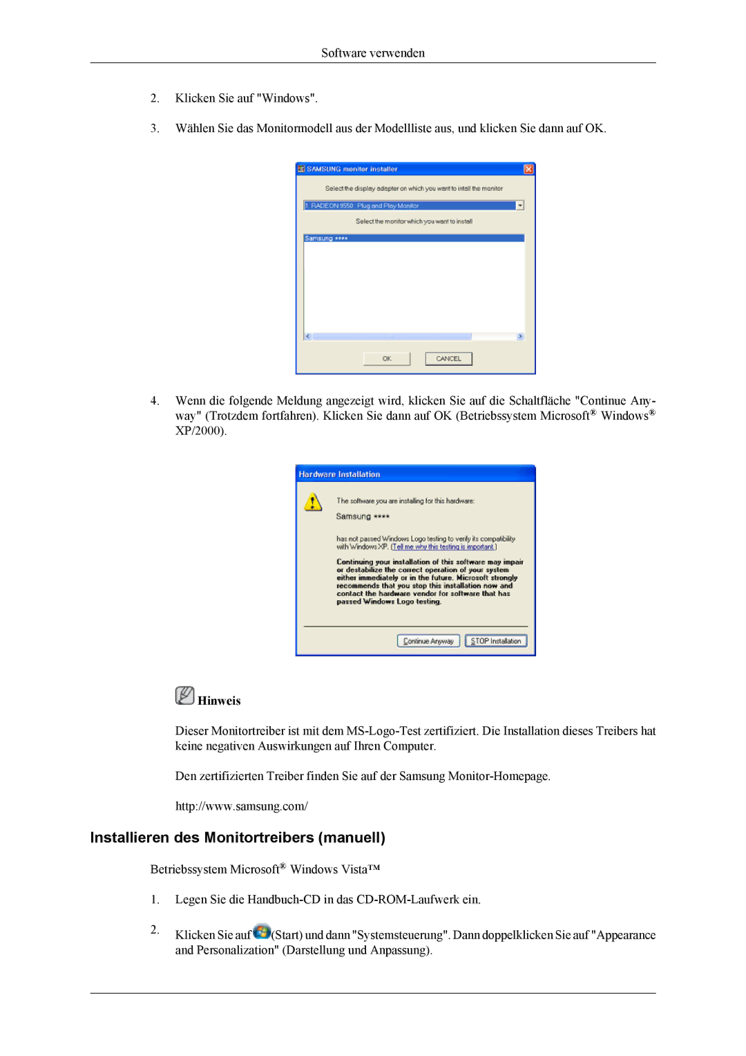 Samsung LS22LDPJFV/EN manual Installieren des Monitortreibers manuell 