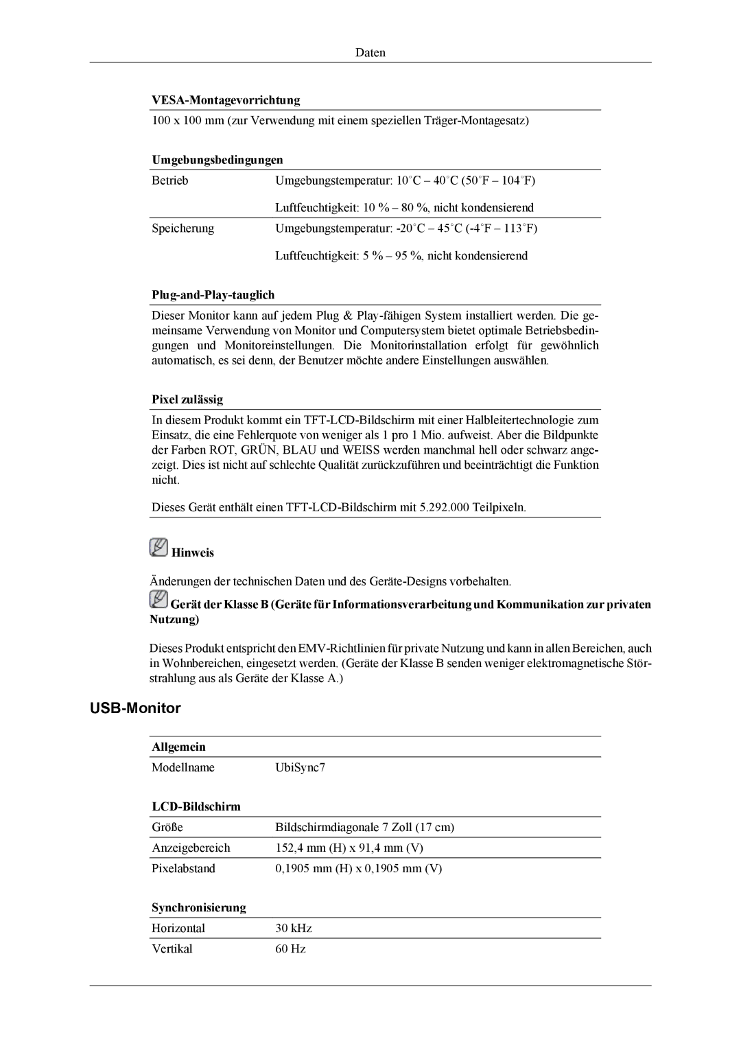 Samsung LS22LDPJFV/EN manual USB-Monitor, Umgebungsbedingungen 