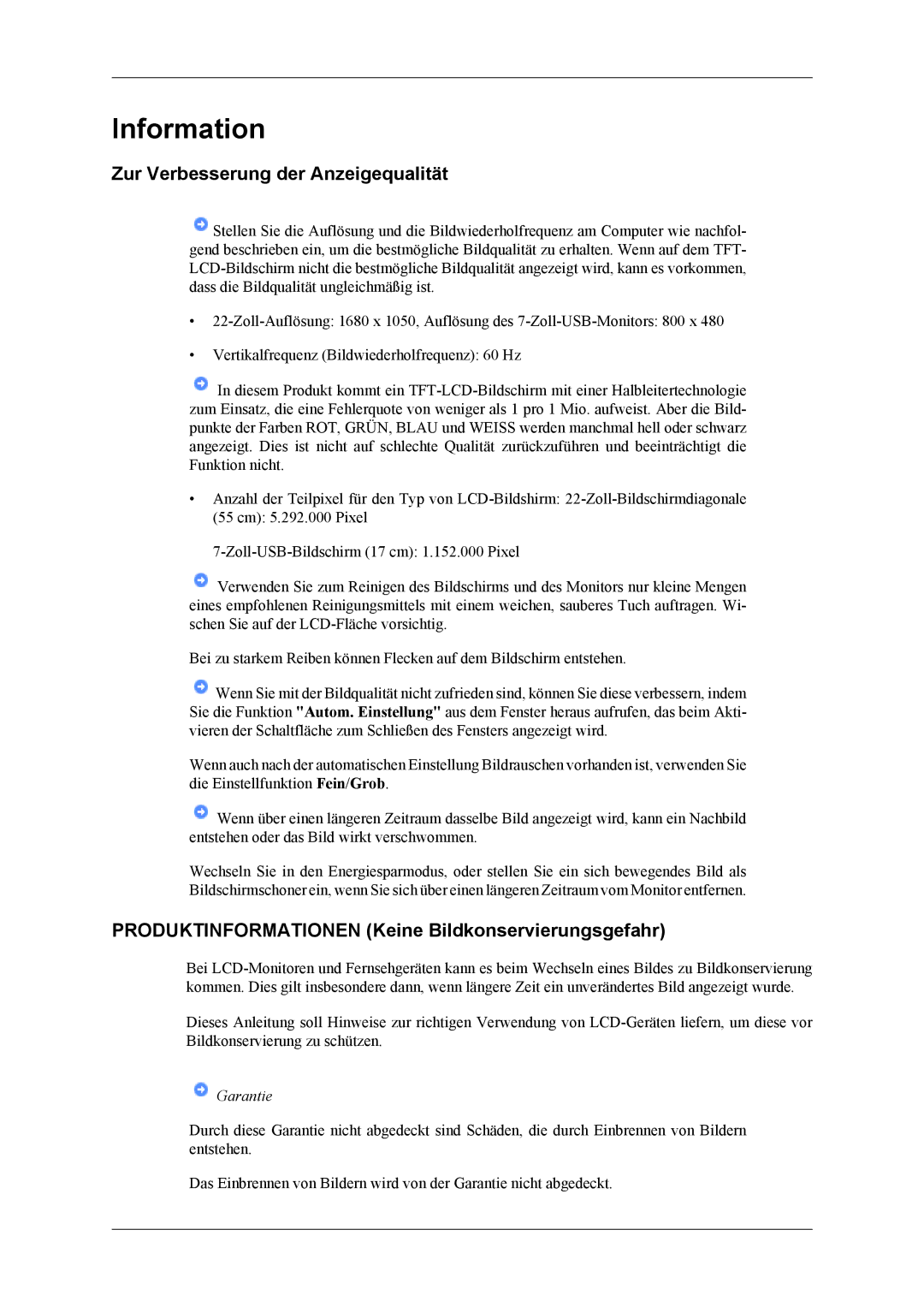 Samsung LS22LDPJFV/EN manual Zur Verbesserung der Anzeigequalität, Produktinformationen Keine Bildkonservierungsgefahr 