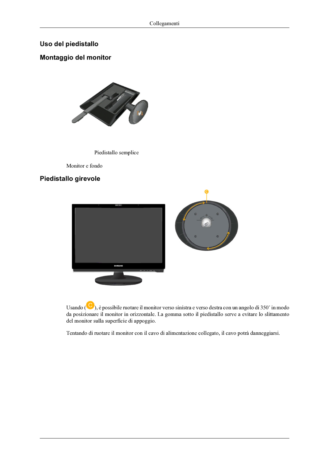 Samsung LS22LDPJFV/EN manual Uso del piedistallo Montaggio del monitor, Piedistallo girevole 