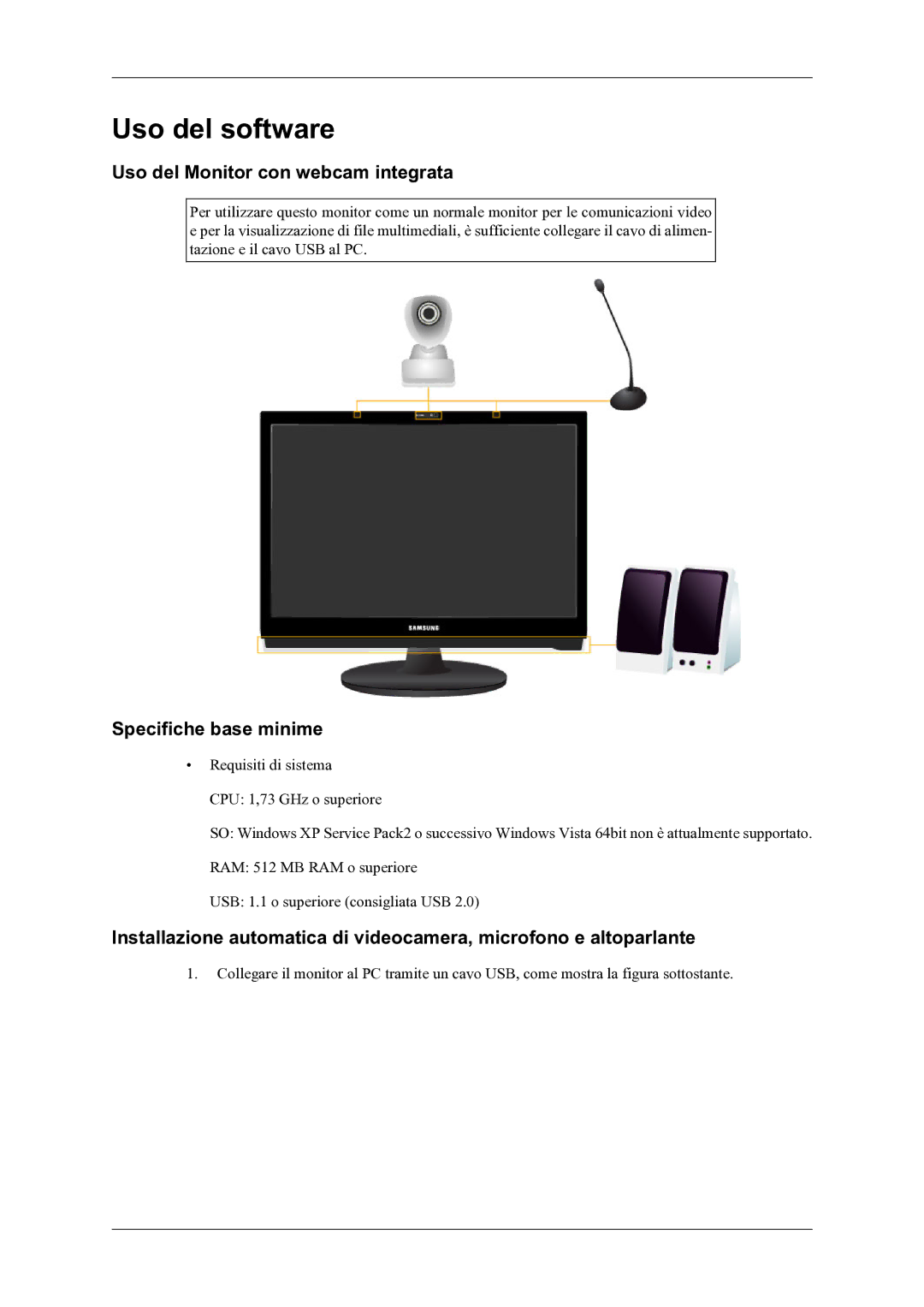 Samsung LS22LDPJFV/EN manual Uso del Monitor con webcam integrata, Specifiche base minime 