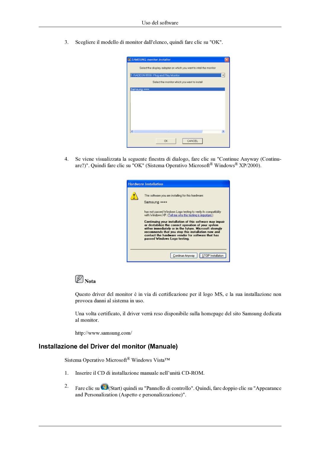 Samsung LS22LDPJFV/EN manual Installazione del Driver del monitor Manuale 