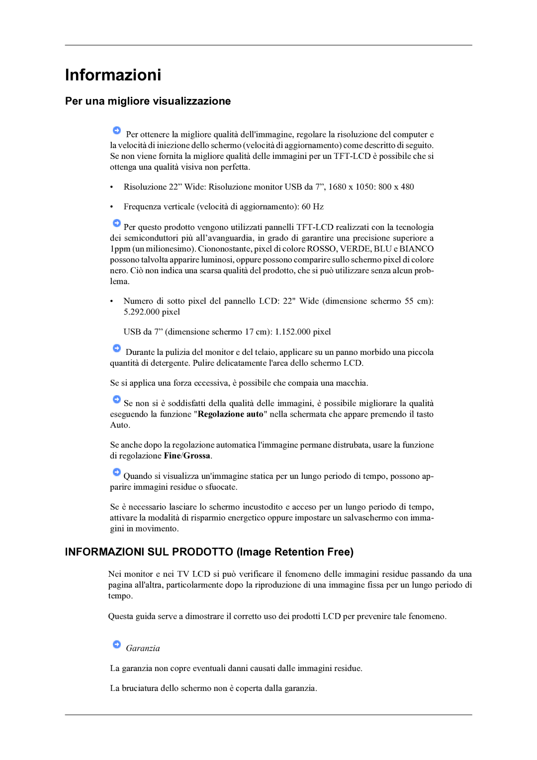 Samsung LS22LDPJFV/EN manual Per una migliore visualizzazione, Informazioni SUL Prodotto Image Retention Free 