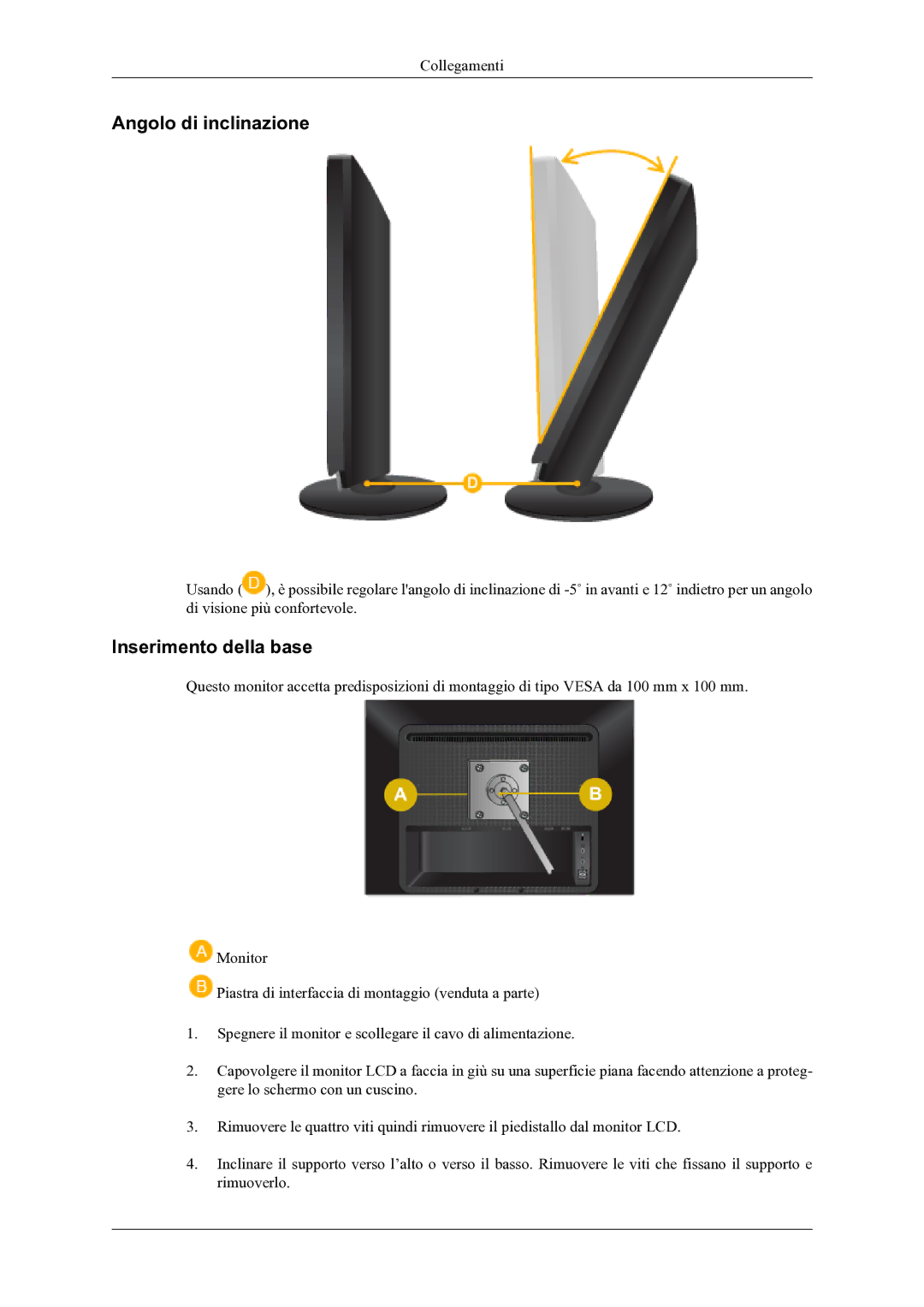 Samsung LS22LDPJFV/EN manual Angolo di inclinazione, Inserimento della base 