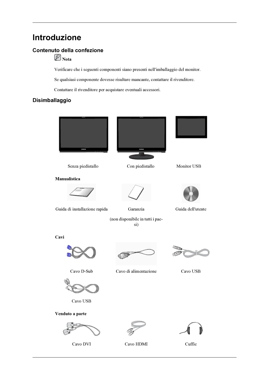 Samsung LS22LDPJFV/EN manual Contenuto della confezione, Disimballaggio 