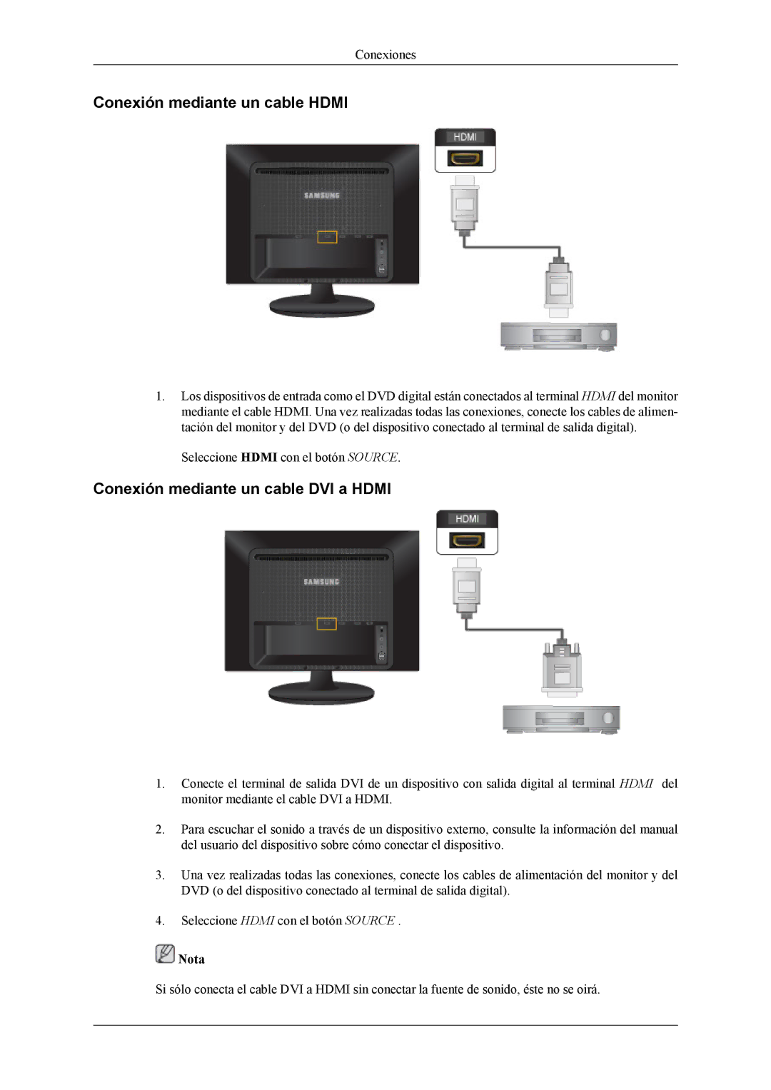 Samsung LS22LDPJFV/EN manual Conexión mediante un cable Hdmi, Conexión mediante un cable DVI a Hdmi 