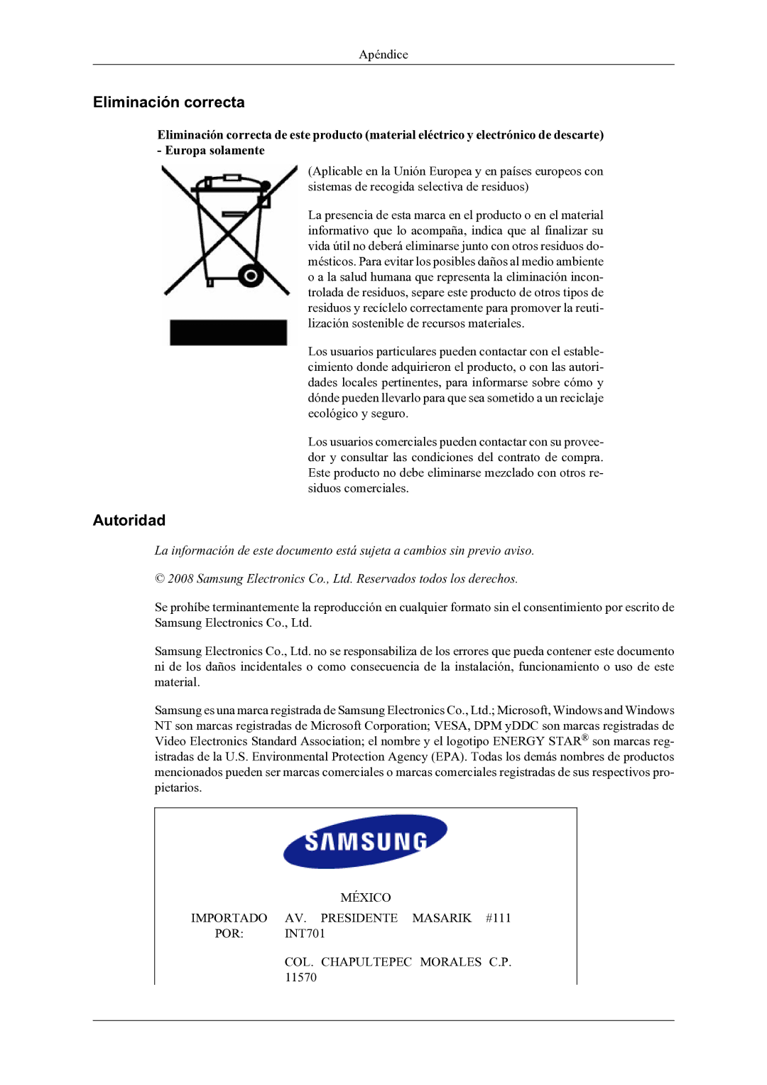 Samsung LS22LDPJFV/EN manual Eliminación correcta, Autoridad 