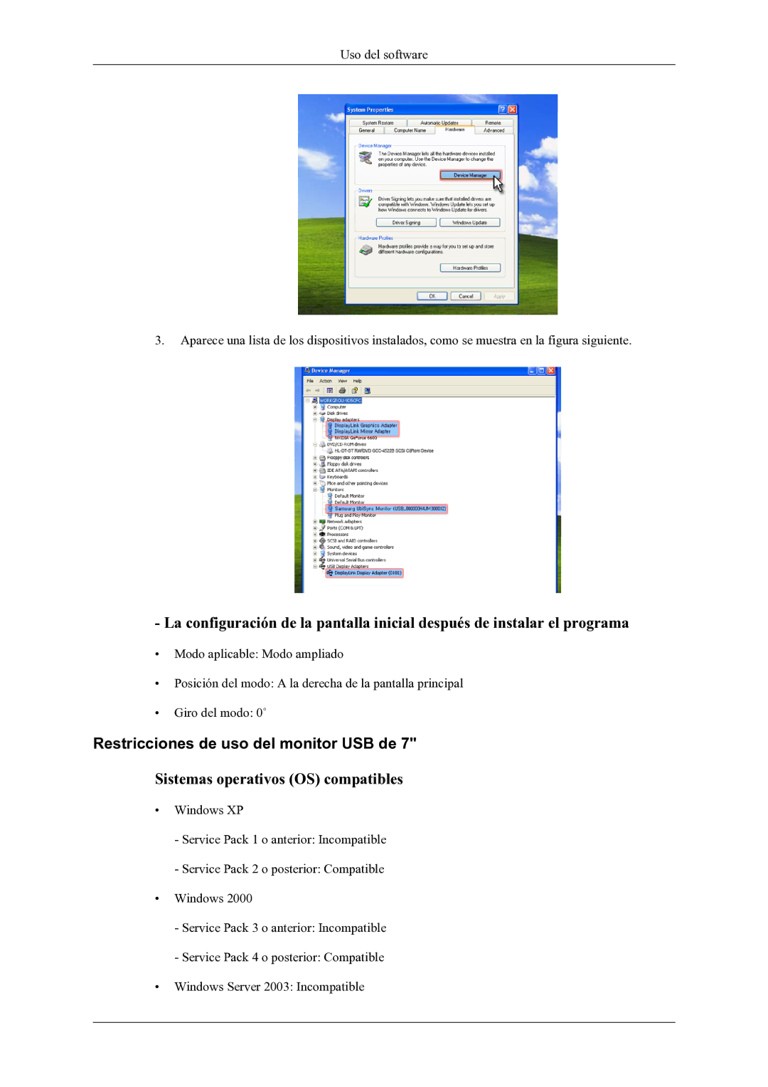 Samsung LS22LDPJFV/EN manual Restricciones de uso del monitor USB de, Sistemas operativos OS compatibles 