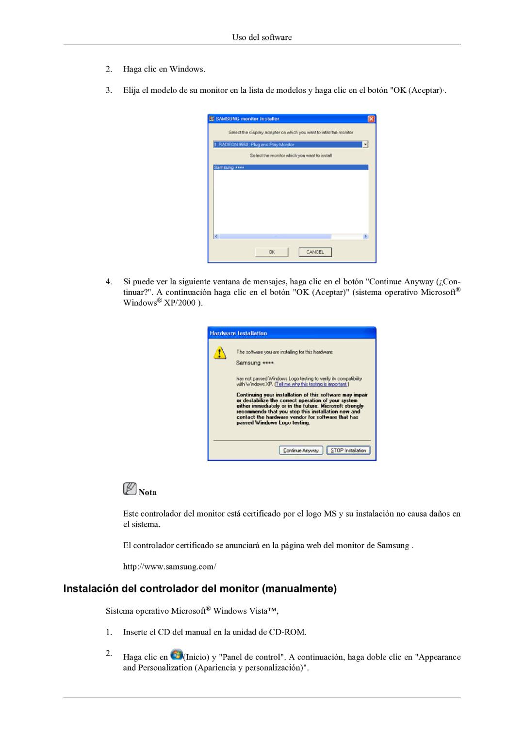 Samsung LS22LDPJFV/EN Instalación del controlador del monitor manualmente 