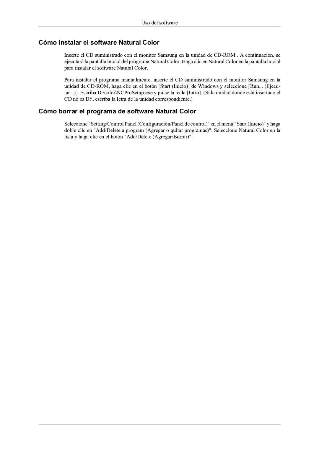 Samsung LS22LDPJFV/EN manual Cómo instalar el software Natural Color, Cómo borrar el programa de software Natural Color 