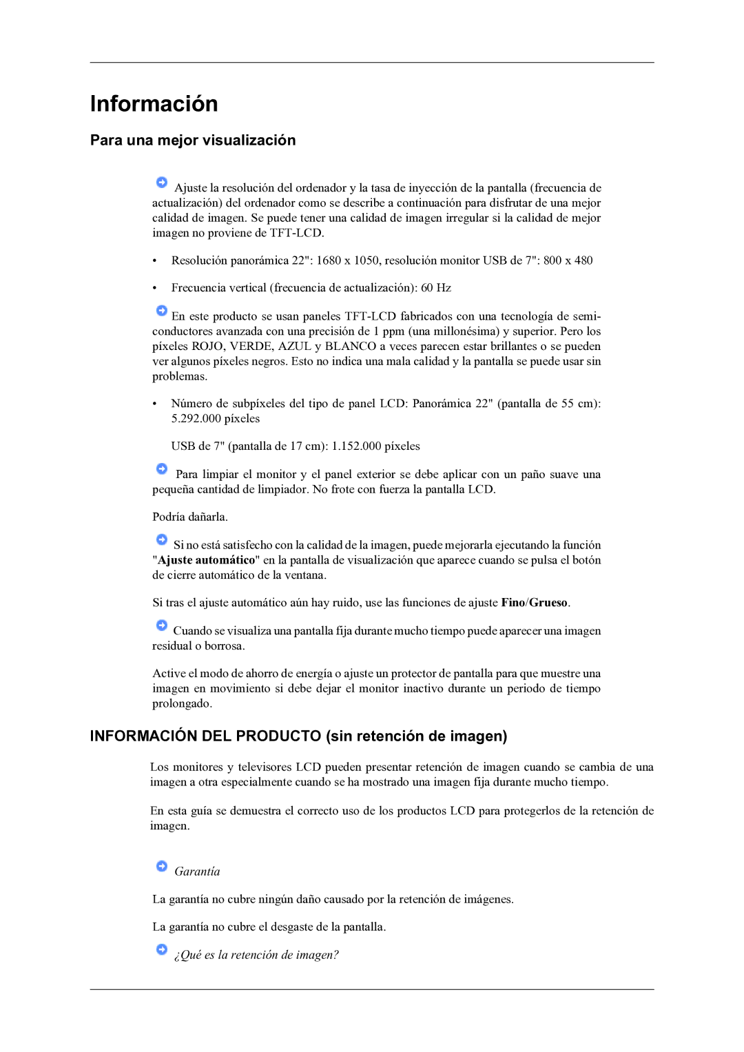 Samsung LS22LDPJFV/EN manual Para una mejor visualización, Información DEL Producto sin retención de imagen 