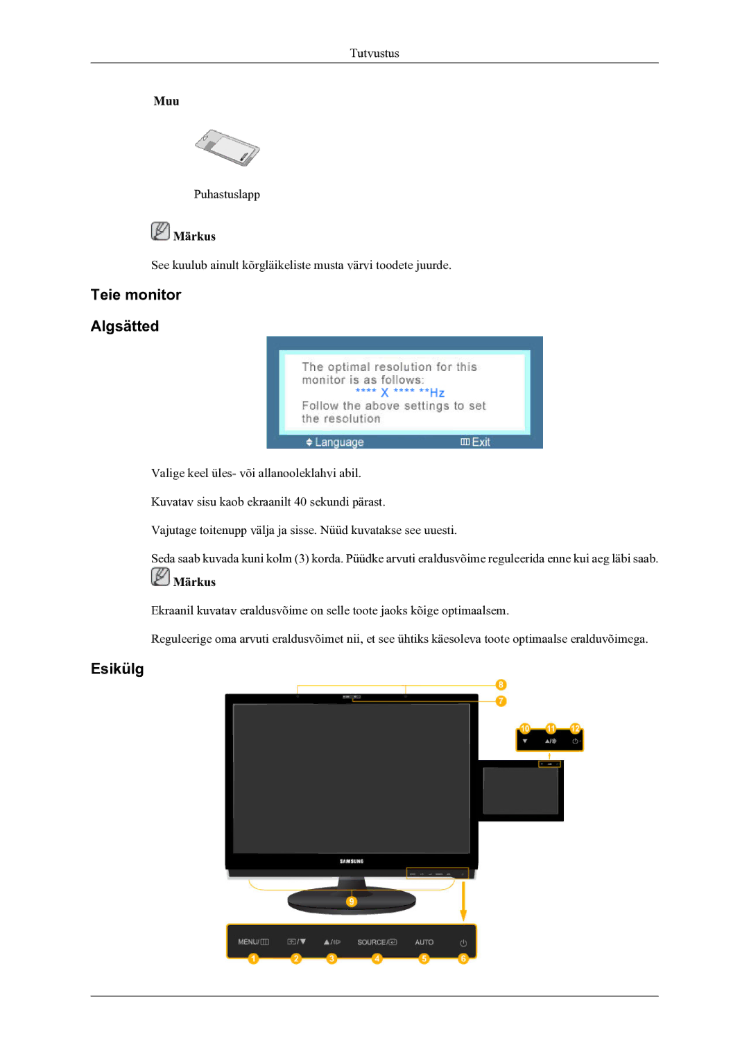 Samsung LS22LDPJFV/EN manual Teie monitor Algsätted, Esikülg 