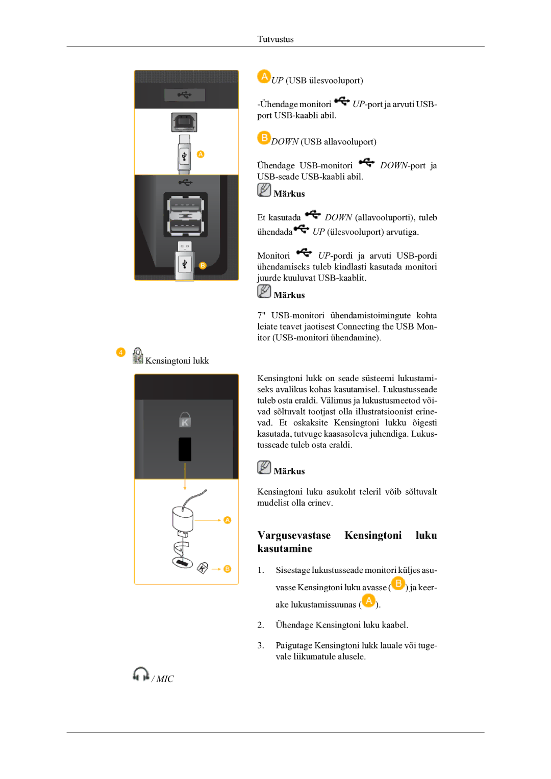 Samsung LS22LDPJFV/EN manual Vargusevastase Kensingtoni luku kasutamine 