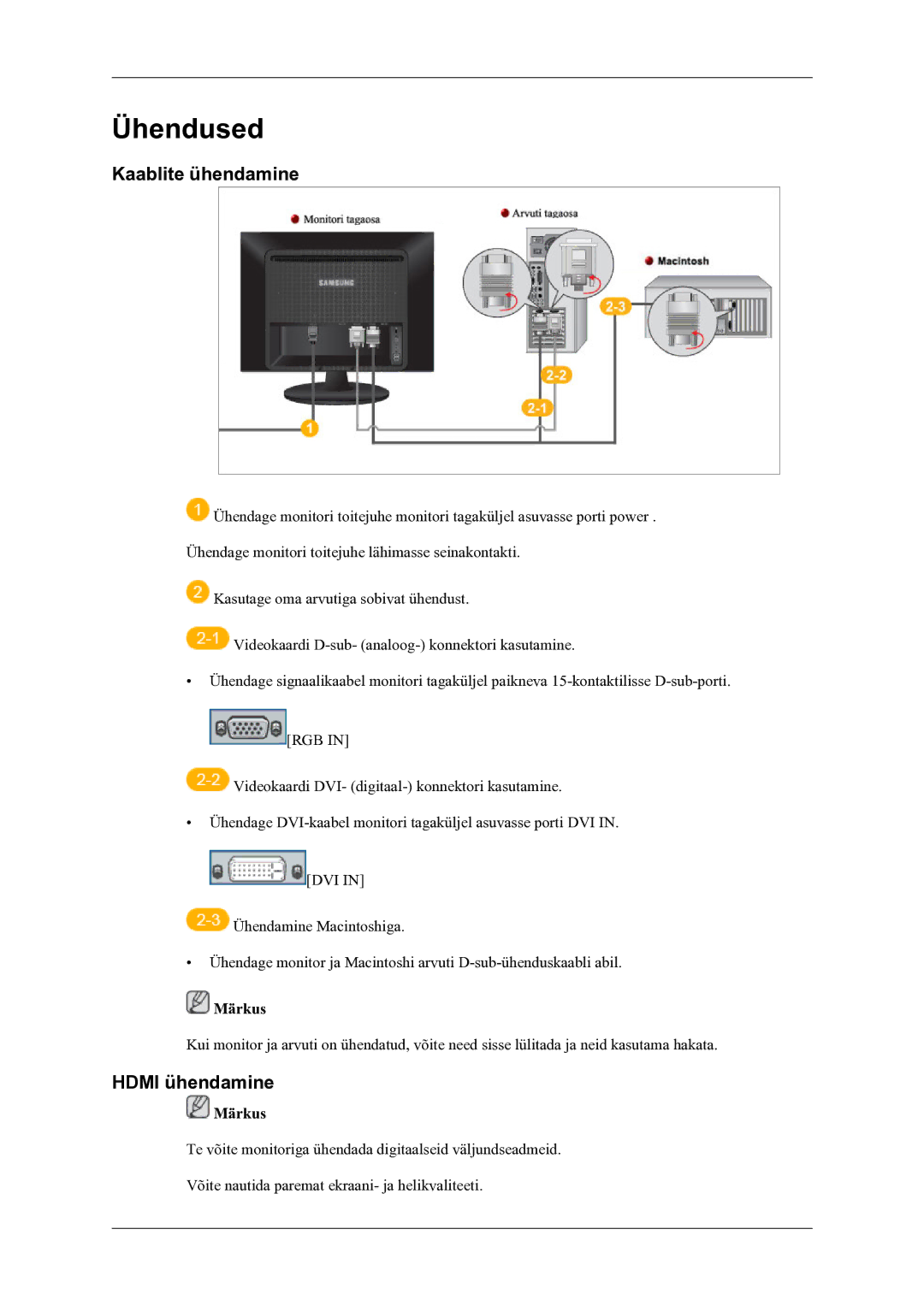 Samsung LS22LDPJFV/EN manual Ühendused, Kaablite ühendamine, Hdmi ühendamine 