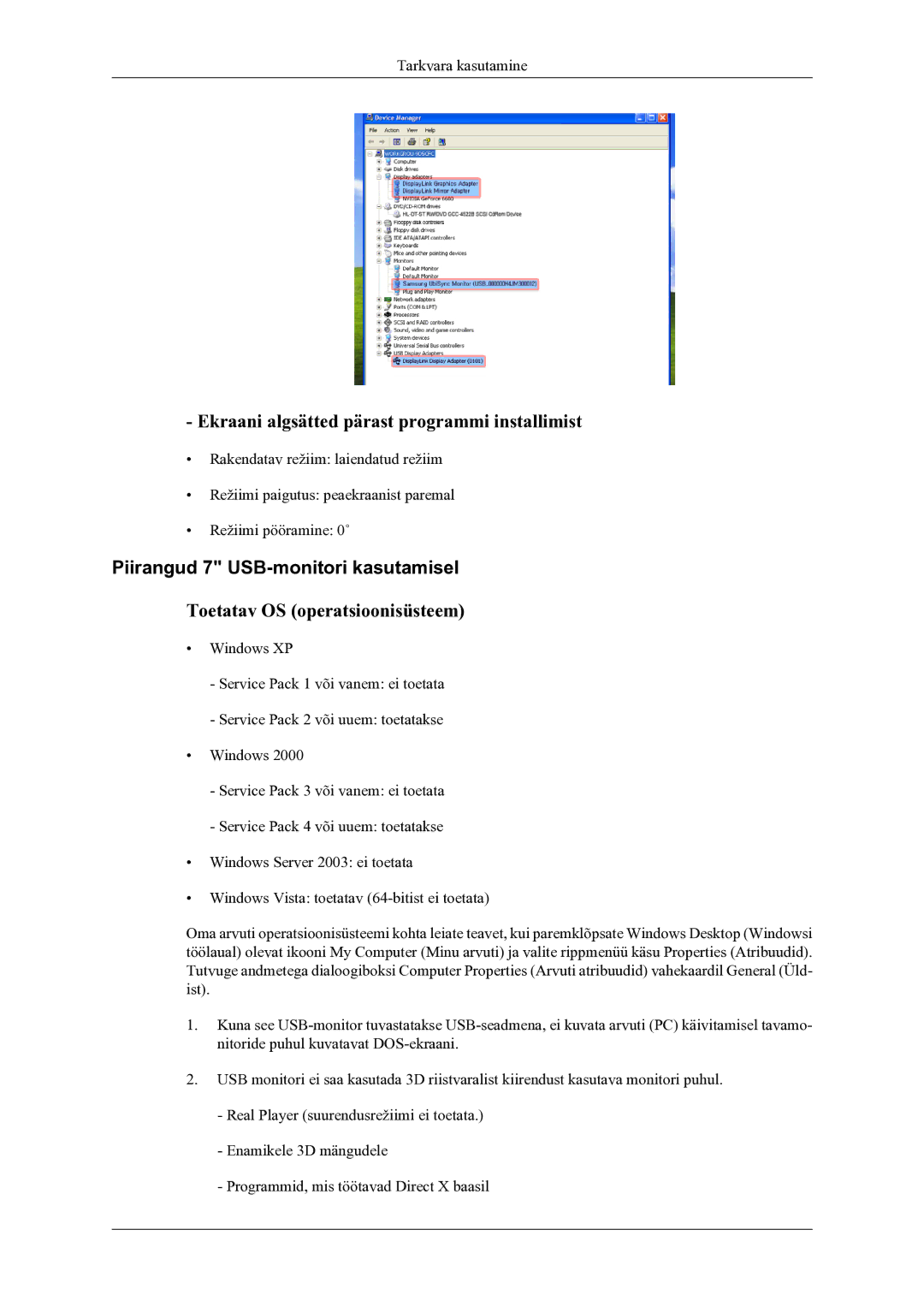 Samsung LS22LDPJFV/EN manual Ekraani algsätted pärast programmi installimist, Piirangud 7 USB-monitori kasutamisel 