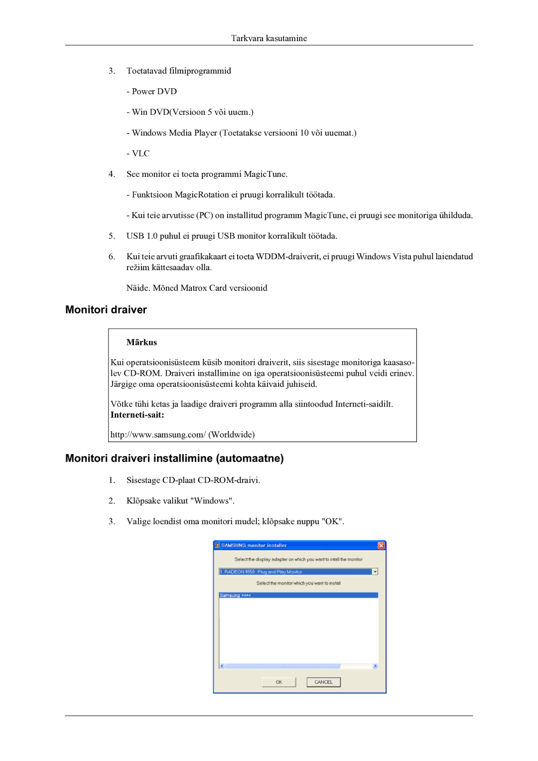 Samsung LS22LDPJFV/EN manual Monitori draiveri installimine automaatne 