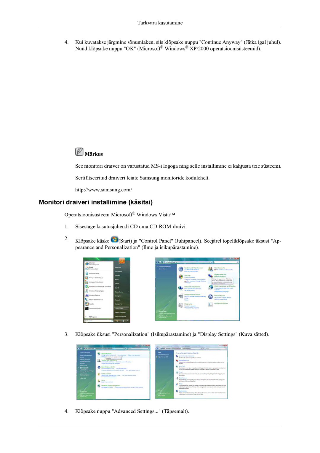 Samsung LS22LDPJFV/EN manual Monitori draiveri installimine käsitsi 