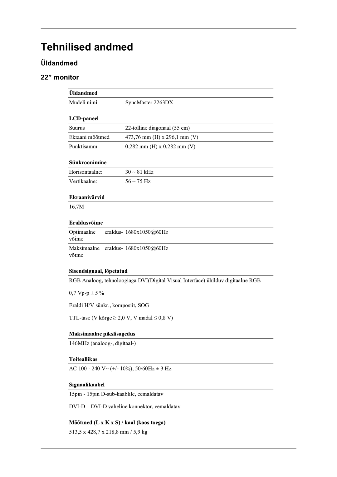 Samsung LS22LDPJFV/EN manual Tehnilised andmed, Üldandmed 22 monitor 