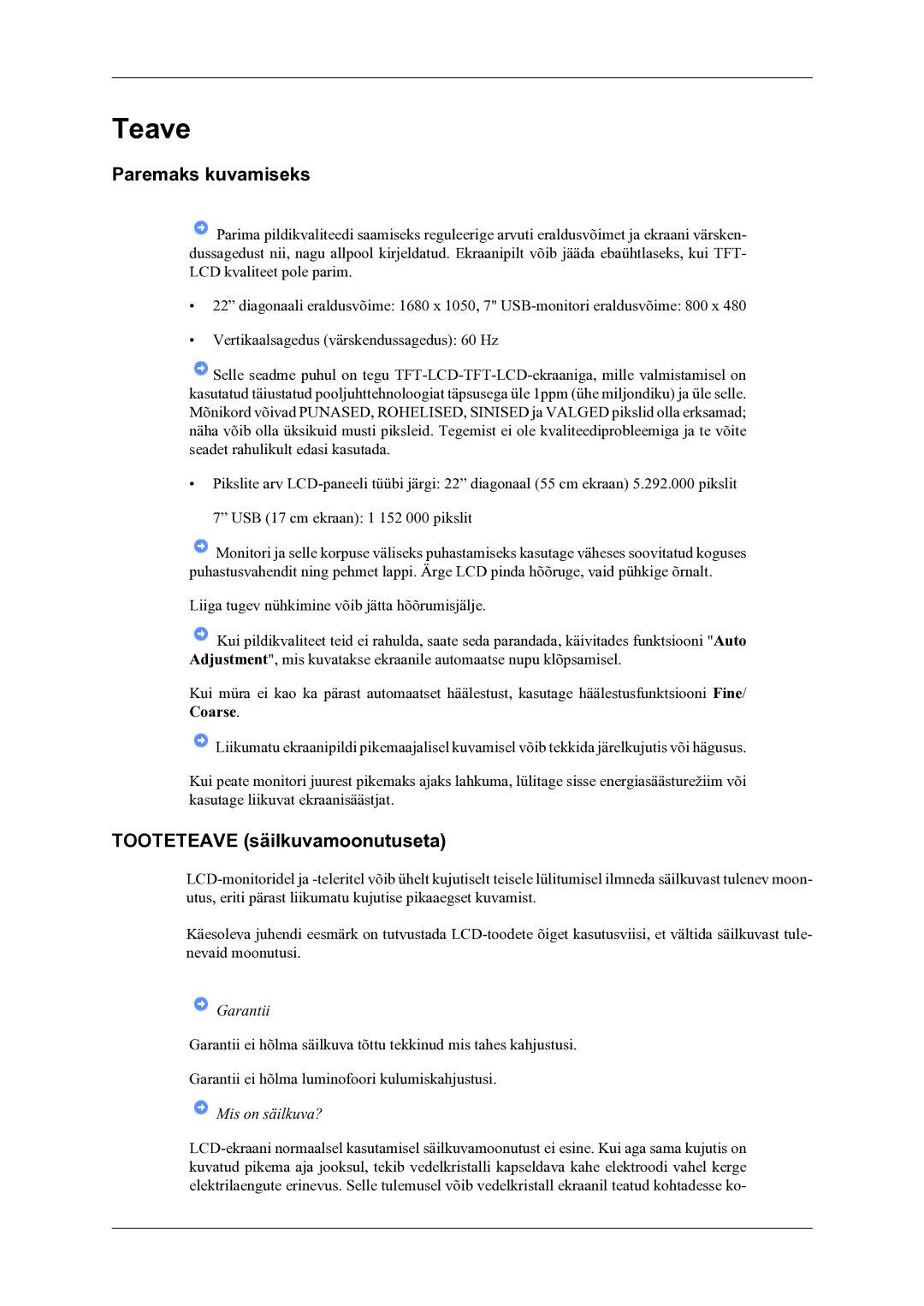 Samsung LS22LDPJFV/EN manual Teave, Paremaks kuvamiseks, Tooteteave säilkuvamoonutuseta 