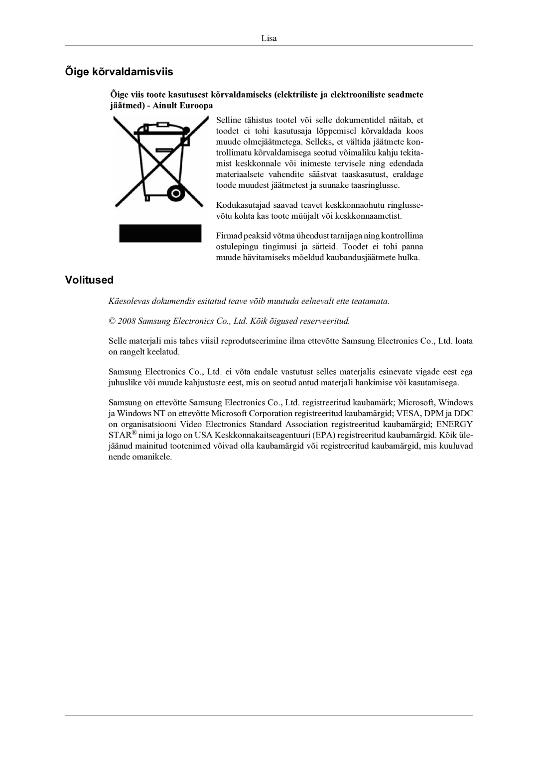 Samsung LS22LDPJFV/EN manual Õige kõrvaldamisviis, Volitused 