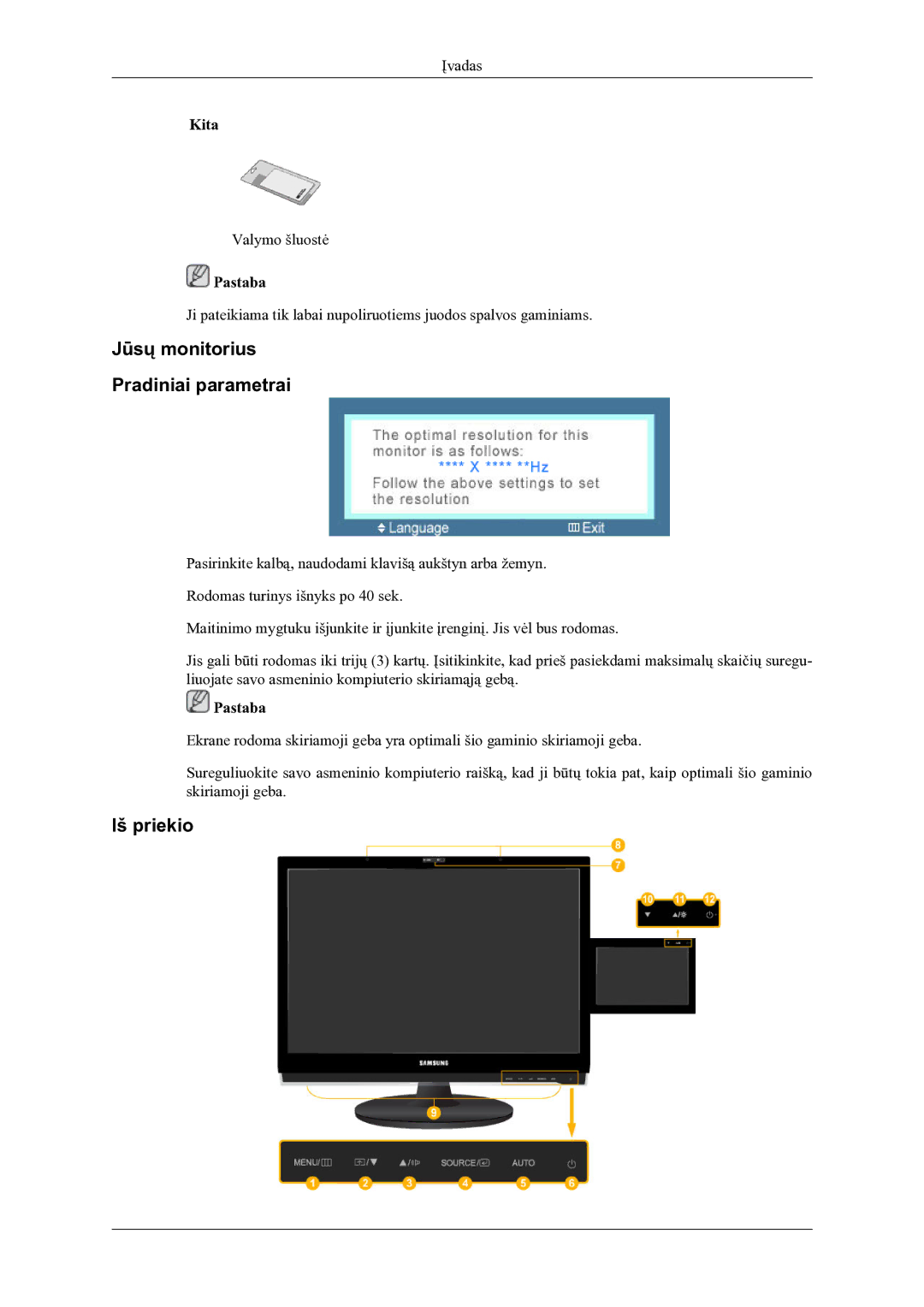 Samsung LS22LDPJFV/EN manual Jūsų monitorius Pradiniai parametrai, Iš priekio, Kita 