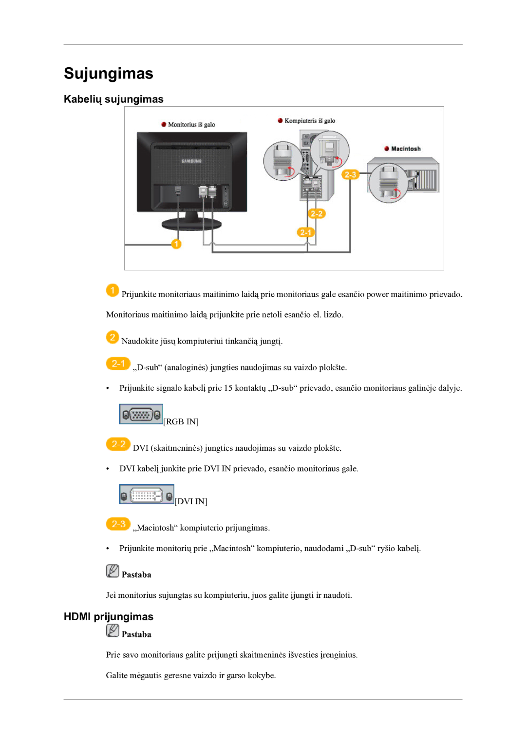 Samsung LS22LDPJFV/EN manual Sujungimas, Kabelių sujungimas, Hdmi prijungimas 