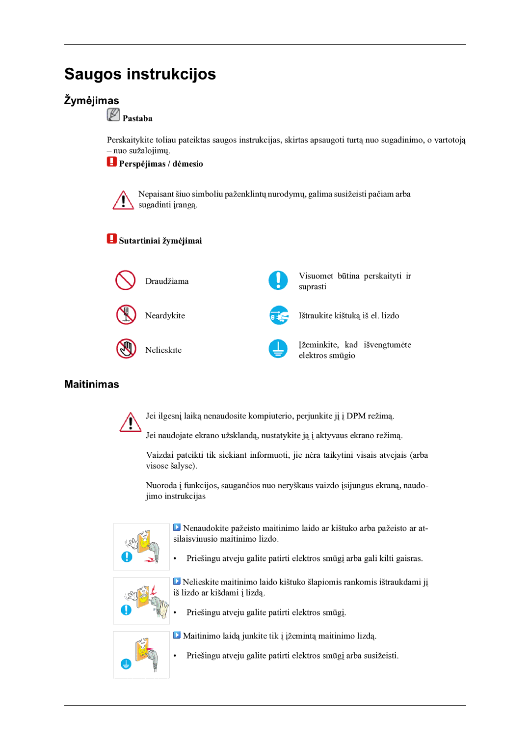 Samsung LS22LDPJFV/EN manual Saugos instrukcijos, Žymėjimas, Maitinimas 