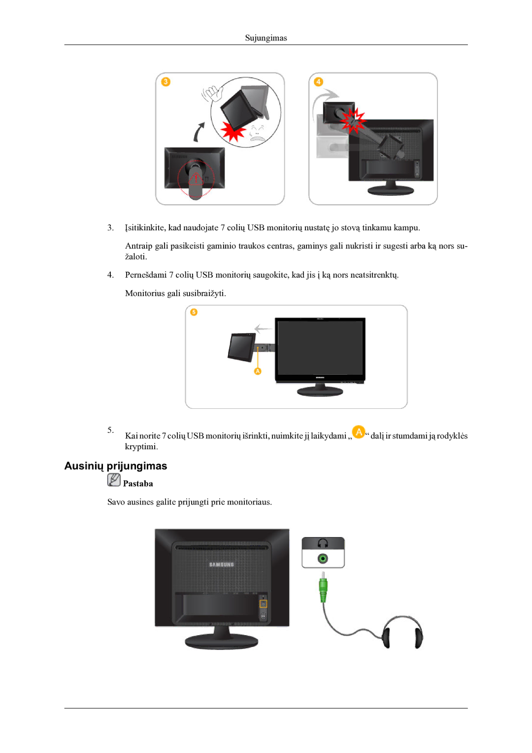 Samsung LS22LDPJFV/EN manual Ausinių prijungimas 