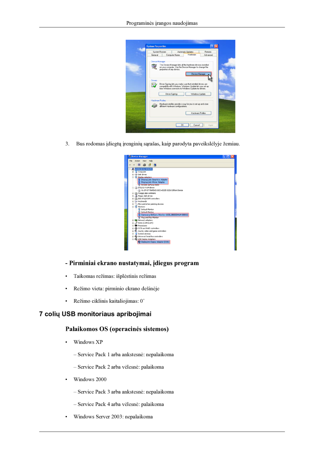 Samsung LS22LDPJFV/EN manual Pirminiai ekrano nustatymai, įdiegus program, Colių USB monitoriaus apribojimai 