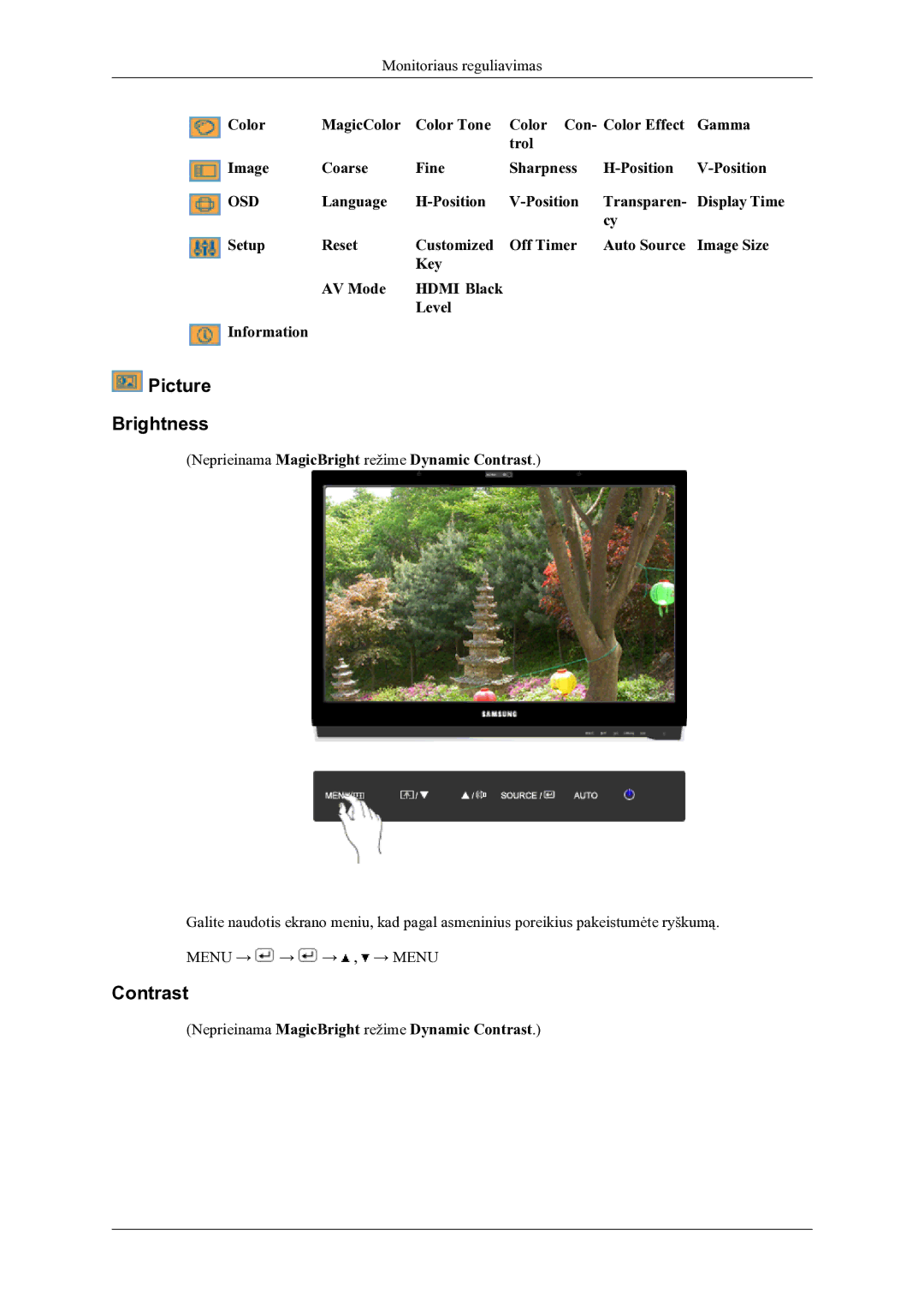 Samsung LS22LDPJFV/EN manual Picture Brightness, Neprieinama MagicBright režime Dynamic Contrast 