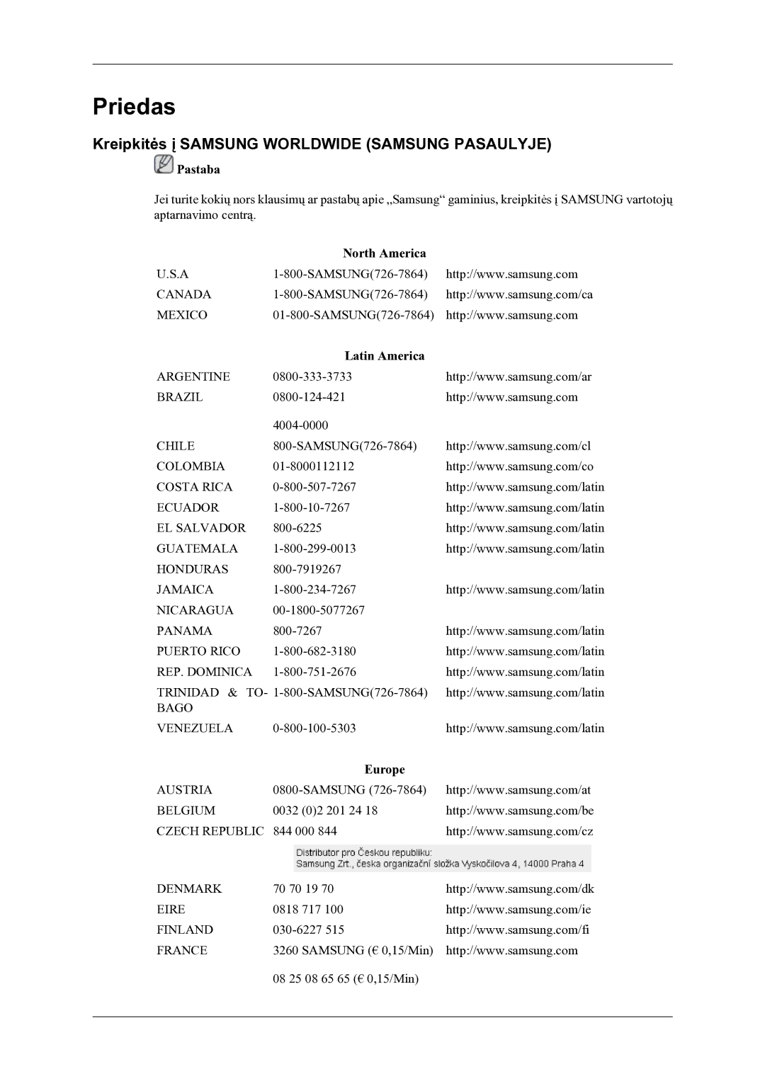 Samsung LS22LDPJFV/EN Priedas, Kreipkitės į Samsung Worldwide Samsung Pasaulyje, North America, Latin America, Europe 