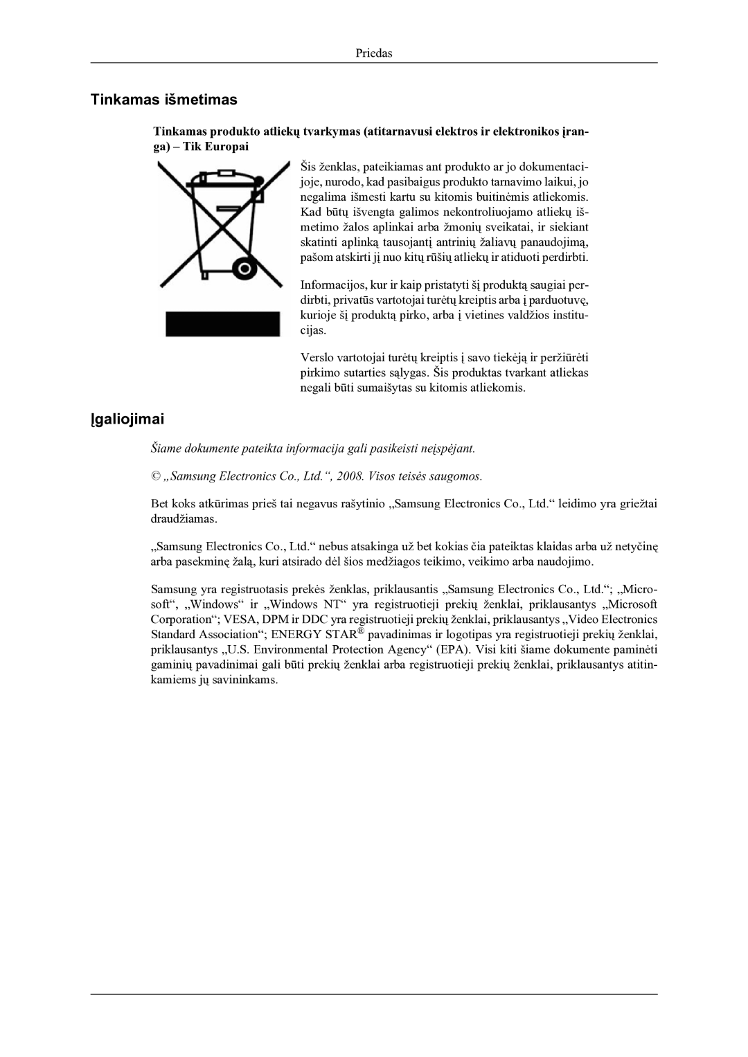 Samsung LS22LDPJFV/EN manual Tinkamas išmetimas, Įgaliojimai 