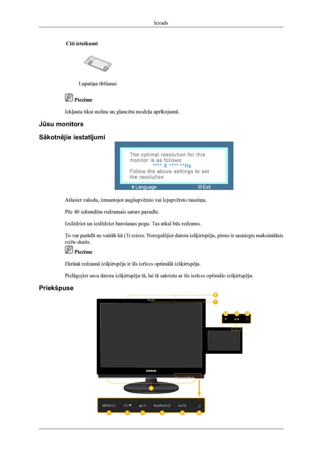 Samsung LS22LDPJFV/EN manual Jūsu monitors Sākotnējie iestatījumi, Priekšpuse, Citi ieteikumi 