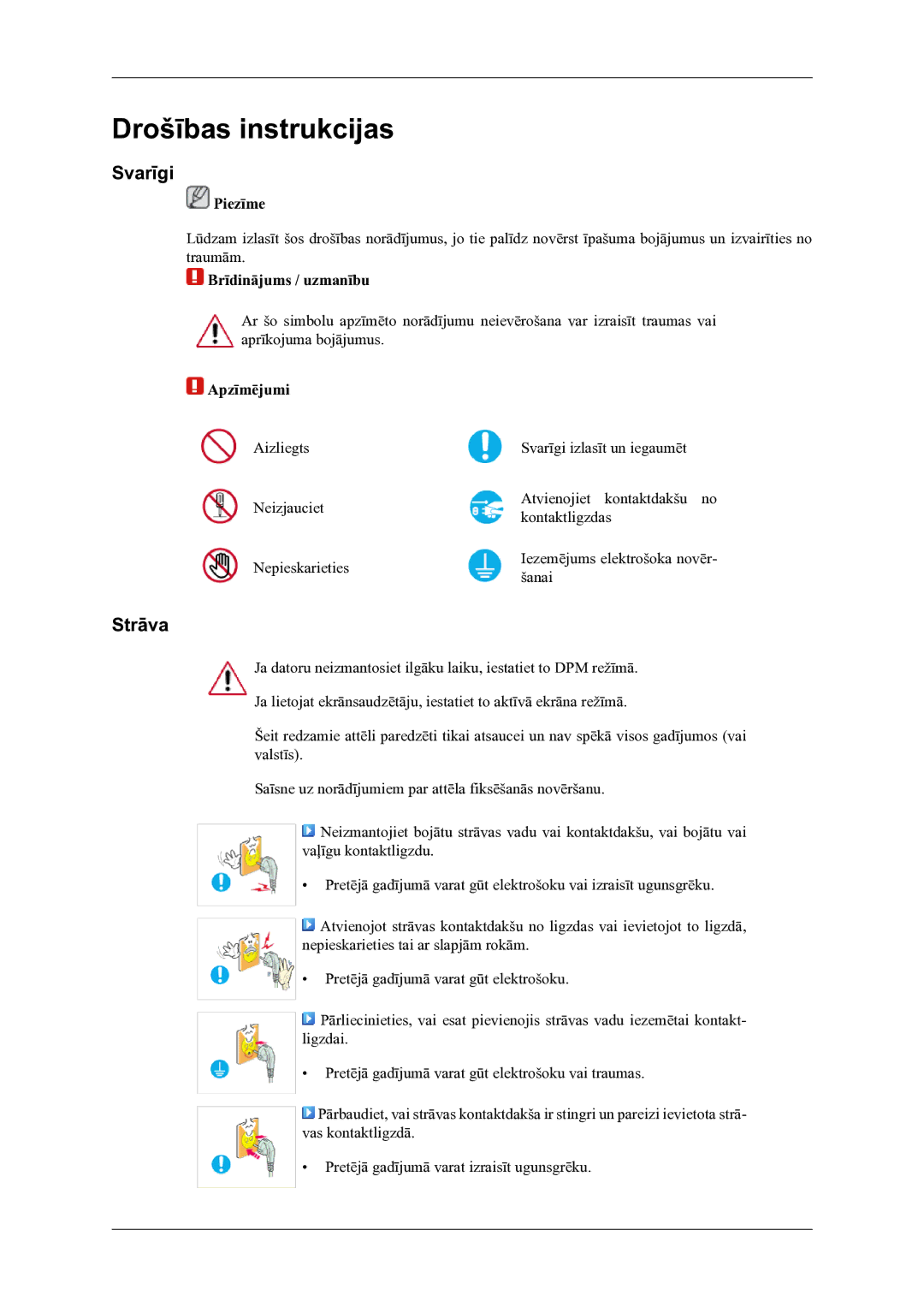 Samsung LS22LDPJFV/EN manual Drošības instrukcijas, Svarīgi, Strāva 